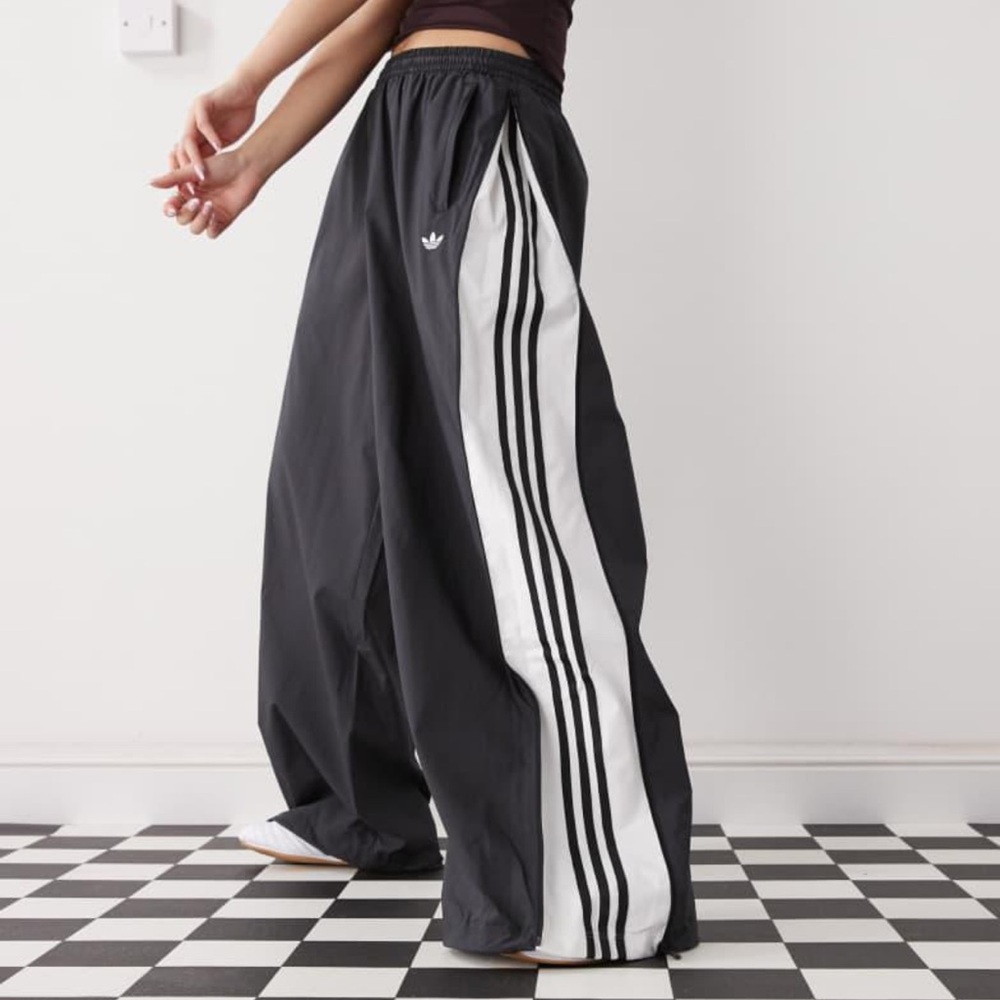 adidas Black Wide-Leg Track Pants with White Side Stripes